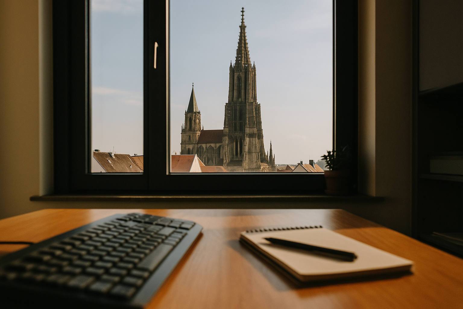 Arbeitsplatz mit Blick auf das Ulmer Münster, im Vordergrund Tastatur und Notizblock