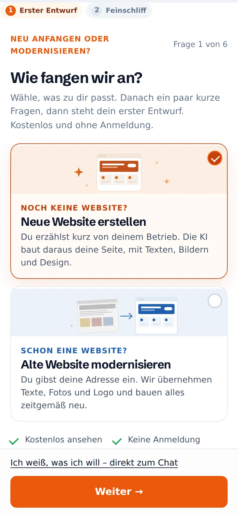Der Fragebogen von bau-deine-webseite.de auf dem Handy