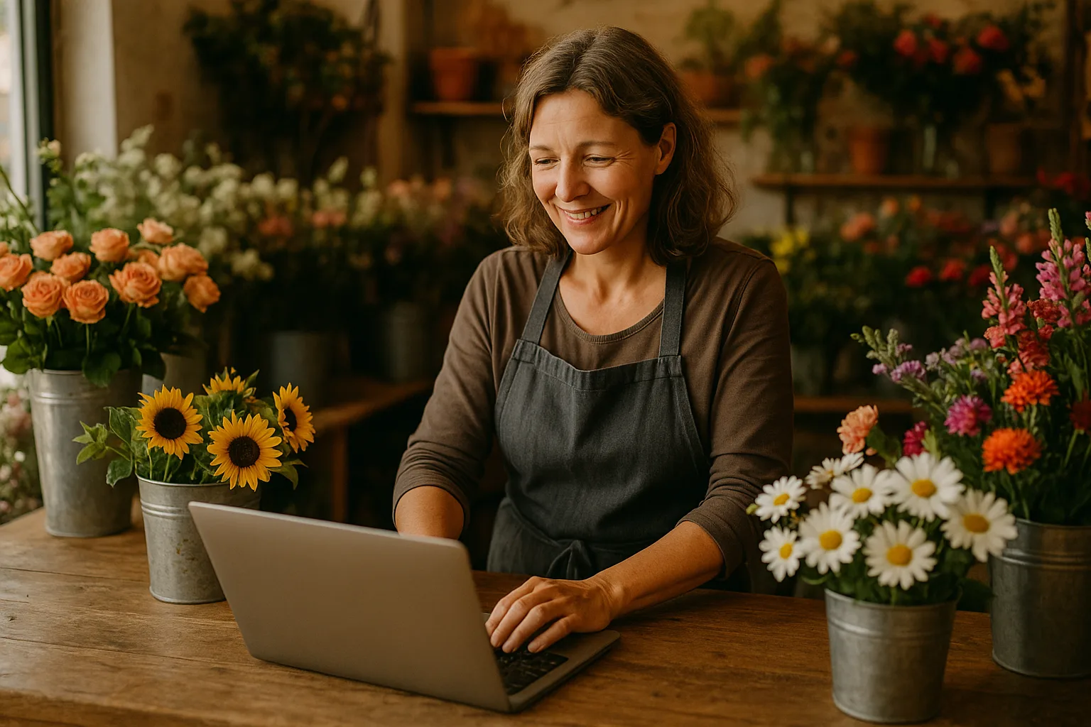 Inhaberin eines Blumenladens arbeitet am Laptop auf der Ladentheke